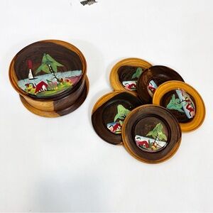 Vintage Jamaican Wooden Hand Made & Painted Set Of 6 Box & Lid